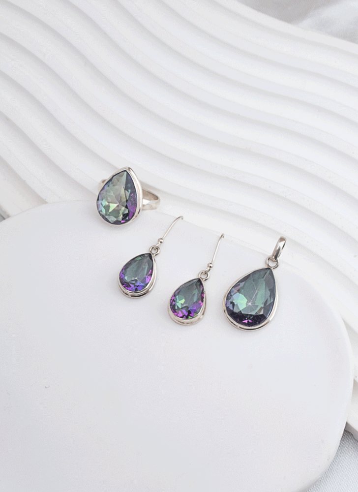 Conjunto Topacio Místico en Plata - Colgante, Aros y Anillo