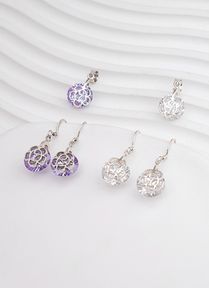 Conjunto Rosa Plata Fina - Colgante y Aros