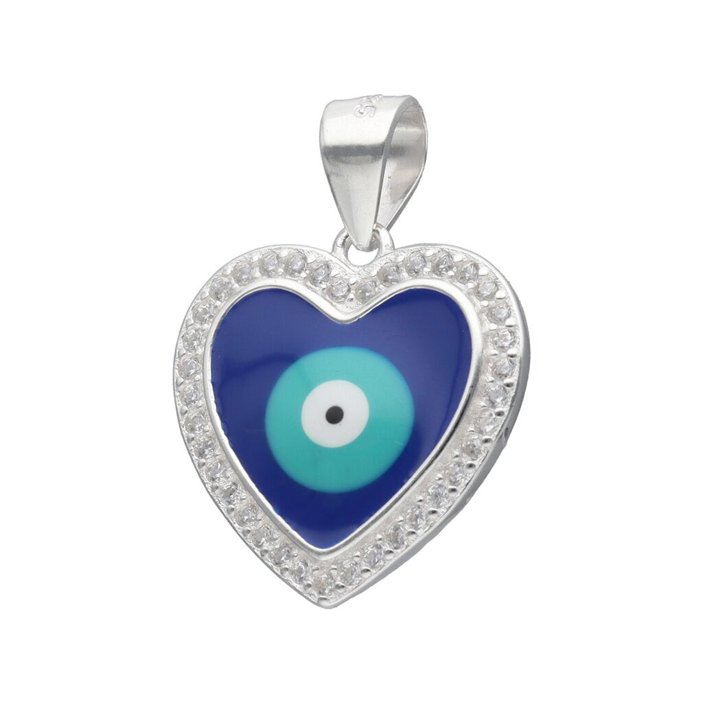 colgante ojo turco y microcircones en forma de corazon plata