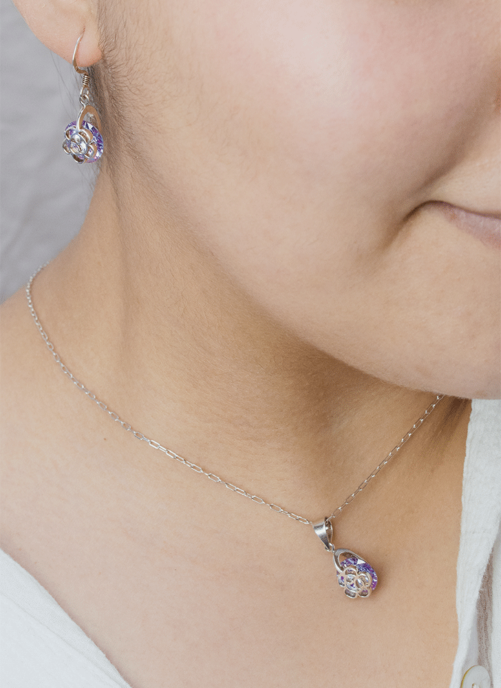 Conjunto Rosa Plata Fina - Colgante y Aros