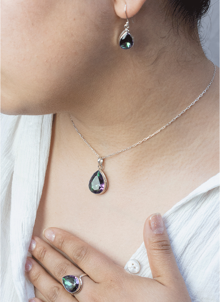 Conjunto Topacio Místico en Plata - Colgante, Aros y Anillo