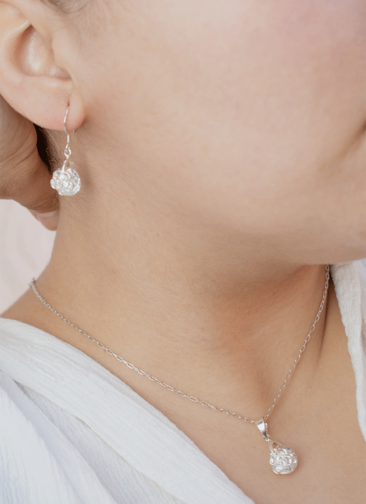 Conjunto Rosa Plata Fina - Colgante y Aros