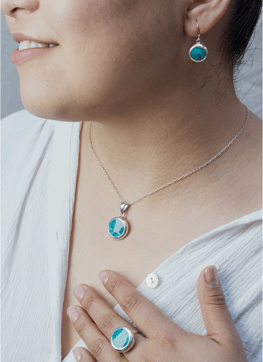 Conjunto Malaquita Plata - Colgante, Aros y Anillo