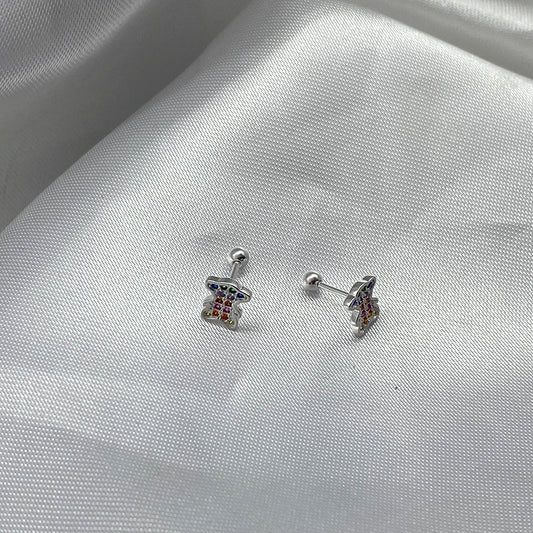 Aros Osito Arcoíris en Plata Fina